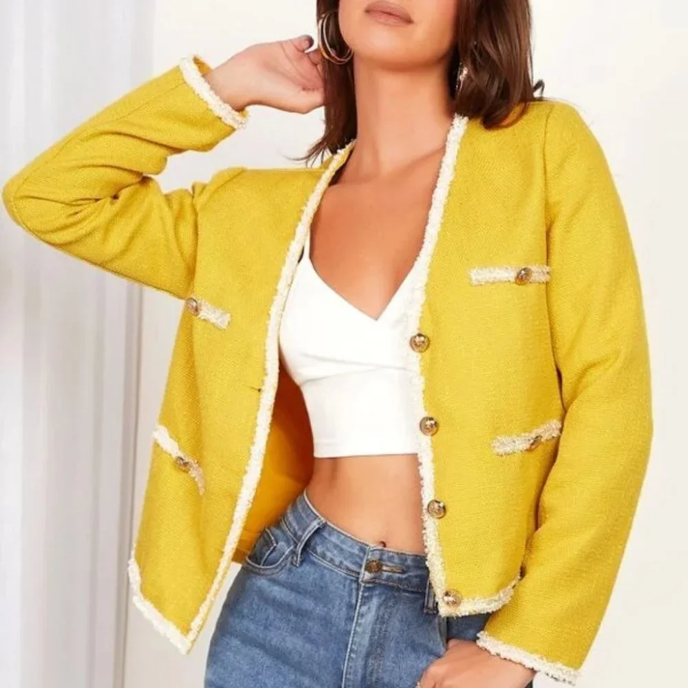 Tweed Raw Trim hem Button Front Jacket work office chic Yellow - Picture 1 of 5